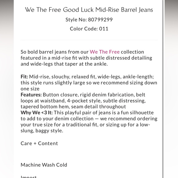 We The Free Good Luck Mid-Rise Barrel Jeans
Milk | Size 27 | Like New Condition - Picture 9 of 9